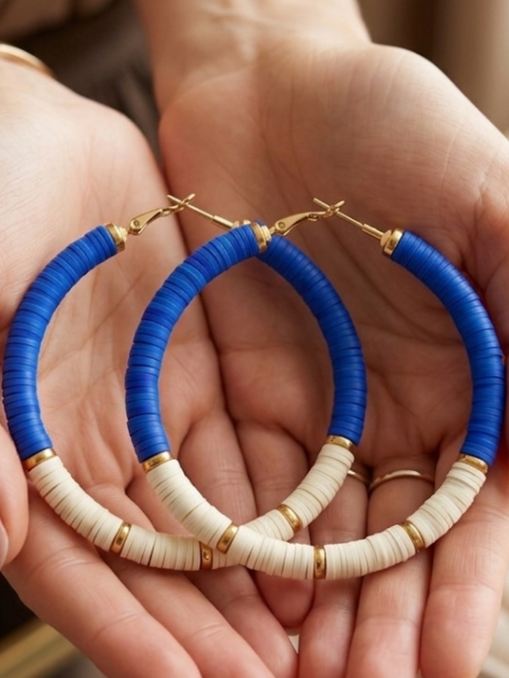 Bold Blue and Cream Hoop Earrings with Gold Accents - Picture 6 of 9